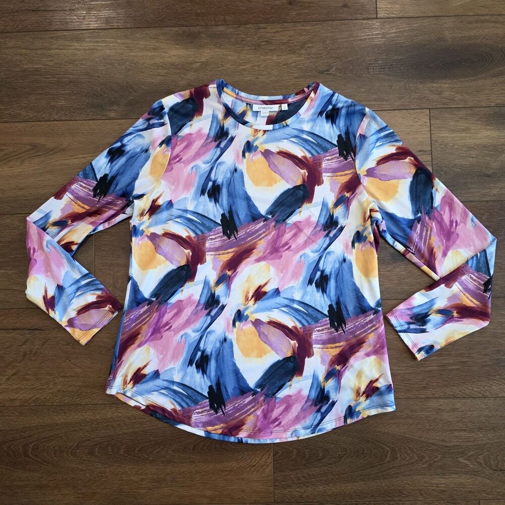 Chicos 1 M Floral Shirt Long Sleeve Watercolor Pink Blue Stretch Swim UPF ?